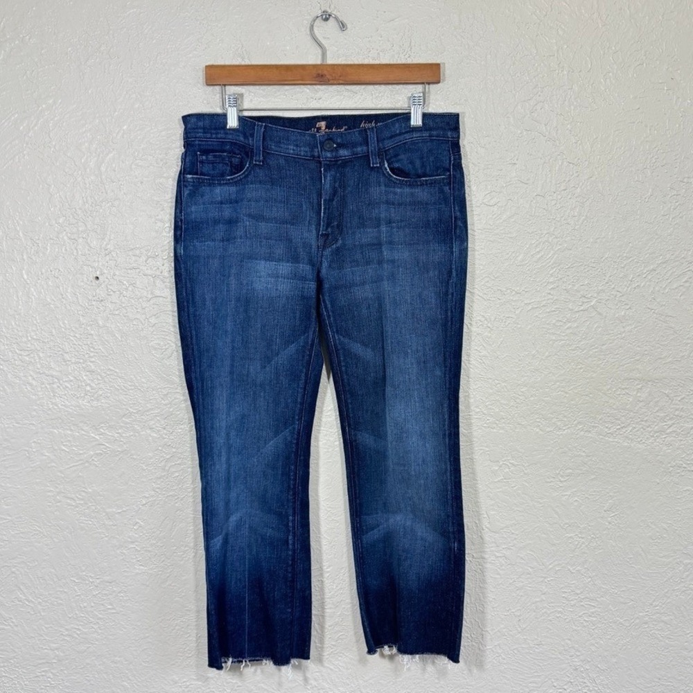 7 For All Mankind High Waist Bootcut Jeans 31 Raw Hem Crop Dark Stretch Denim
